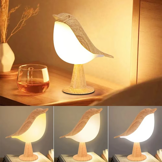 Luminária LED Magpie com Toque – 3 Cores, Design Pássaro em Madeira
