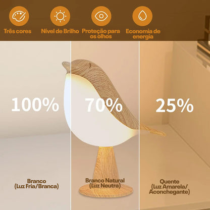 Luminária LED Magpie com Toque – 3 Cores, Design Pássaro em Madeira