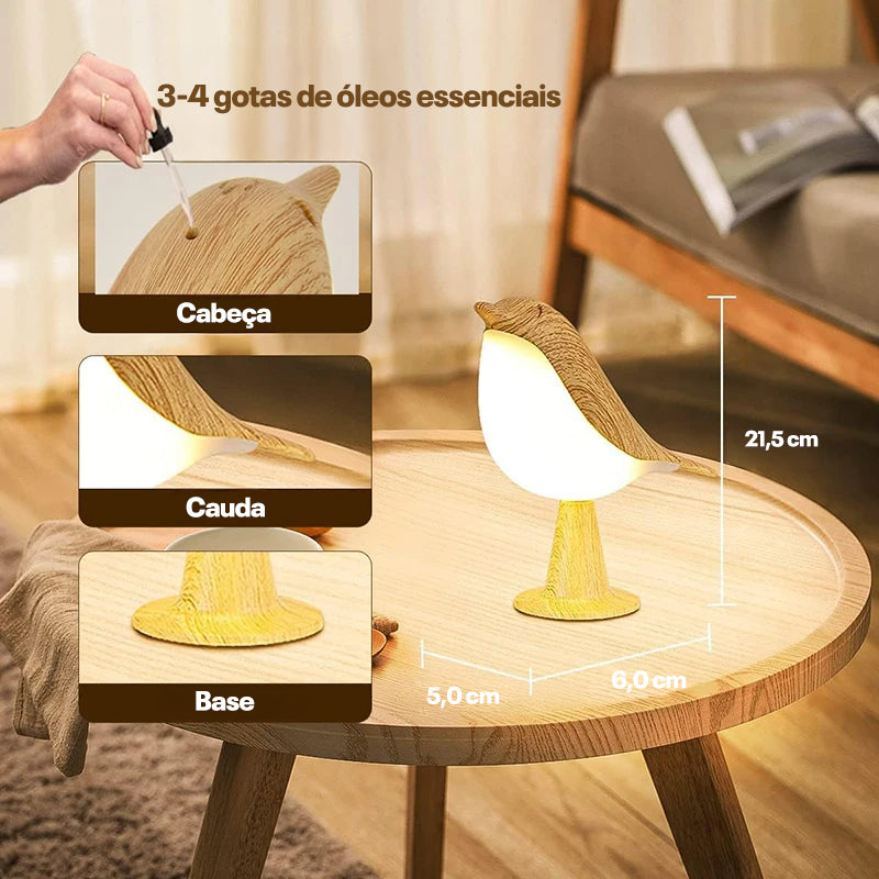 Luminária LED Magpie com Toque – 3 Cores, Design Pássaro em Madeira