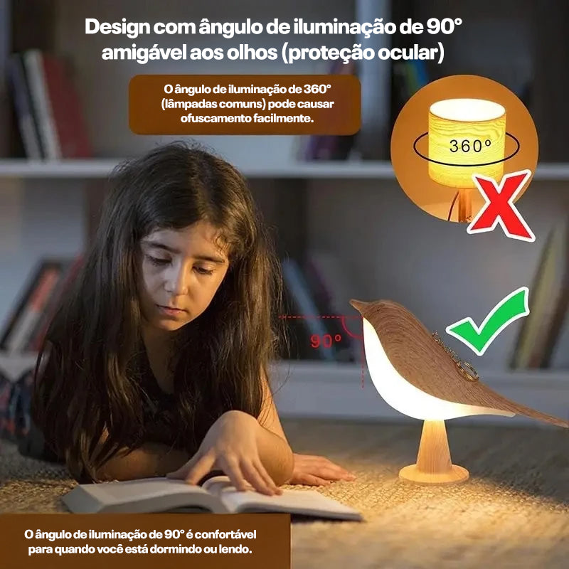 Luminária LED Magpie com Toque – 3 Cores, Design Pássaro em Madeira