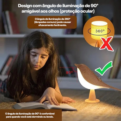 Luminária LED Magpie com Toque – 3 Cores, Design Pássaro em Madeira