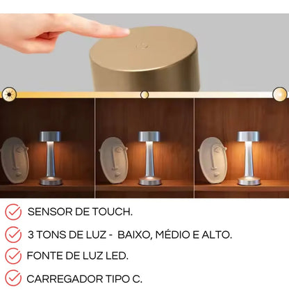 Luminária de Mesa LED Touch Recarregável Design Vintage Elegante Acabamento Metálico